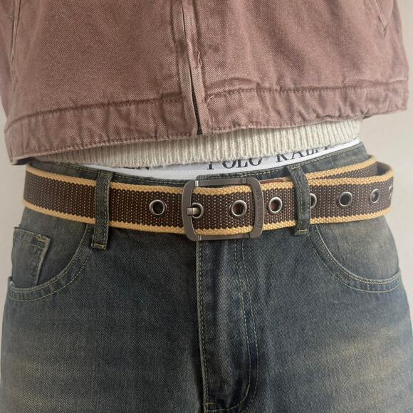 Vintage Brown Tan Canvas Belt Adjustable Fits 26-36 Unisex Streetwear Style - Picture 1 of 8